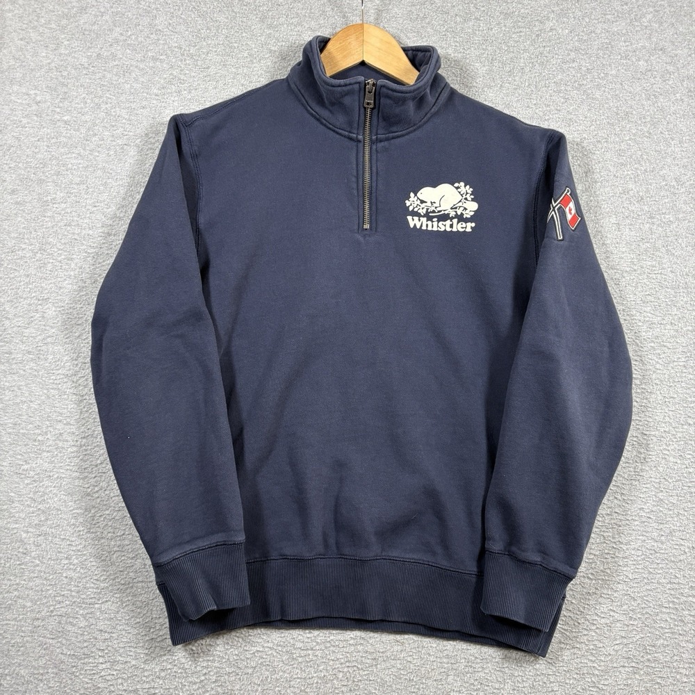 Roots Vancouver Canada Mens Quarter Zip Sweatshirt Blue Fleece Pullover Small